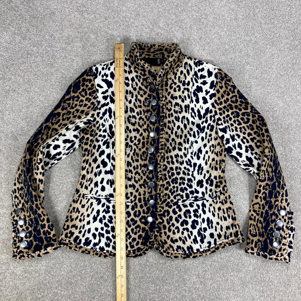 Peck & Peck Leopard Print Blazer Women Sz 10 Tan Black Ruffle Trim Edgy Mob Wife - Picture 7 of 15